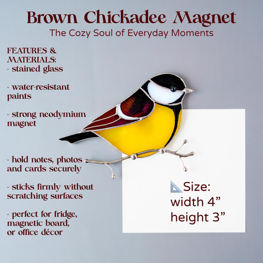 Brown Chickadee Stained Glass Magnet – Handmade Bird Refrigerator Decor & Gift
