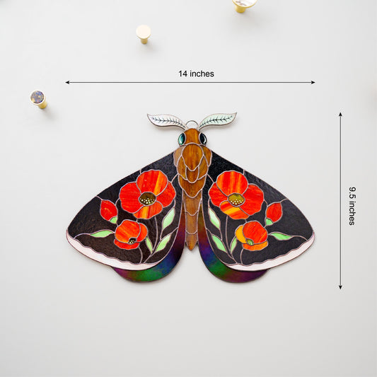 Red Poppy Floral Moth Stained Glass Wall Hanging – Handmade Glass Art