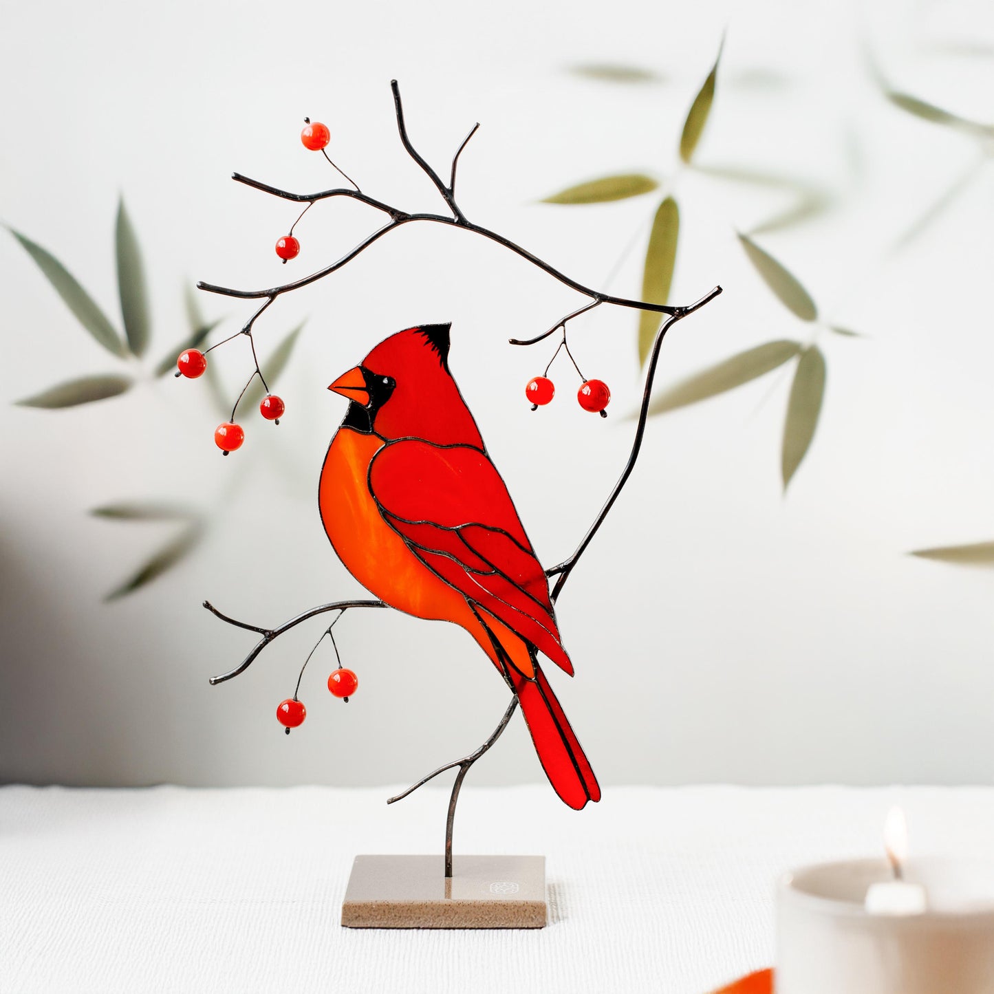 Red Cardinal Stained Glass Table Decor – Bird on Branch Accent