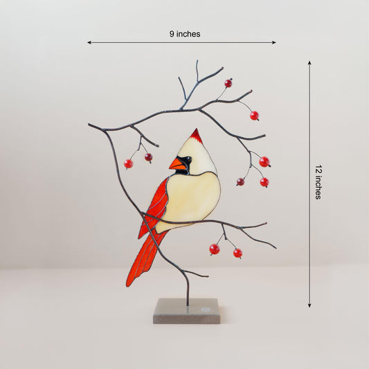 Female Cardinal Stained Glass Table Decor – Bird on Branch Accent