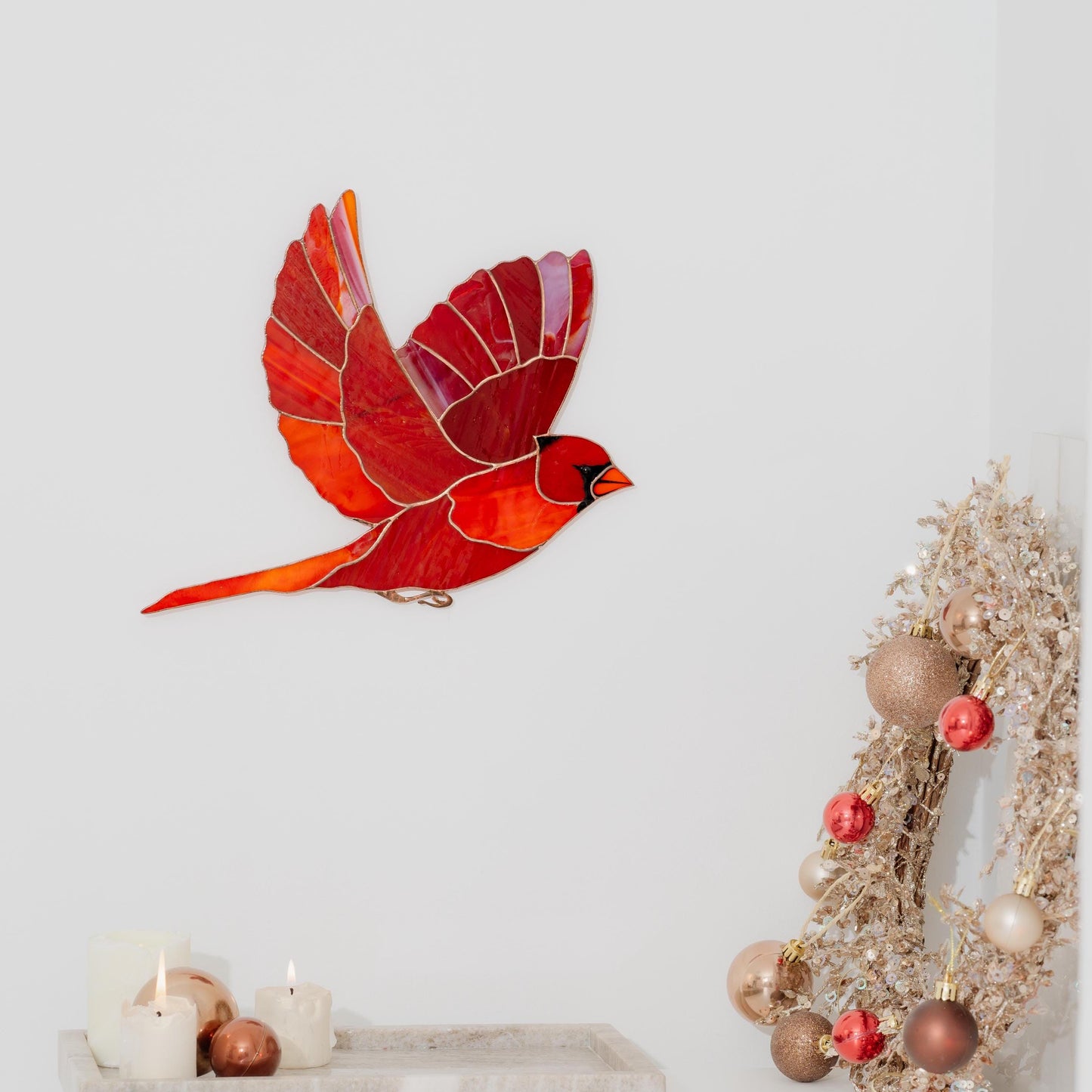 Flying Red Cardinal Stained Glass Wall Hanging – Handmade Bird Decor & Gift