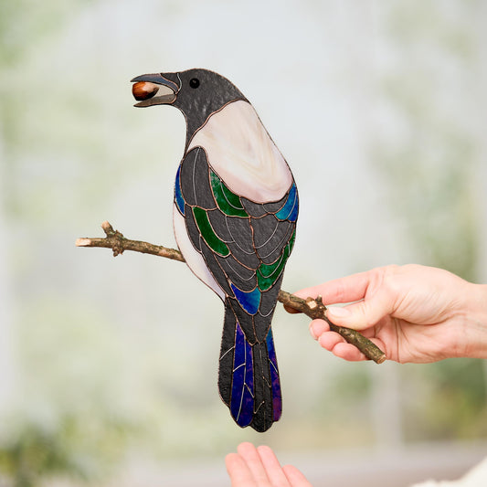 Crow Stained Glass Wall Hanging – Hazelnut Raven on Wooden Branch