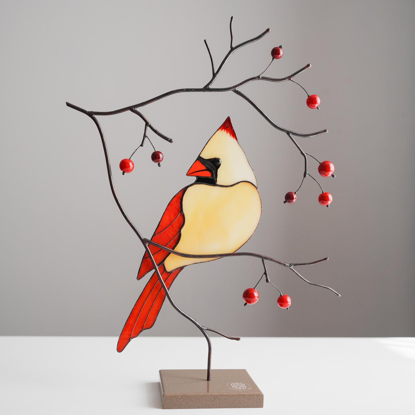 Female Cardinal Stained Glass Table Decor – Bird on Branch Accent