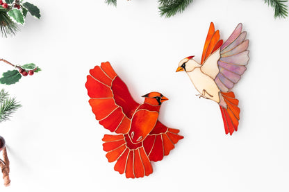 Female Red Cardinal Stained Glass Wall Hanging – Handmade Bird Decor & Gift