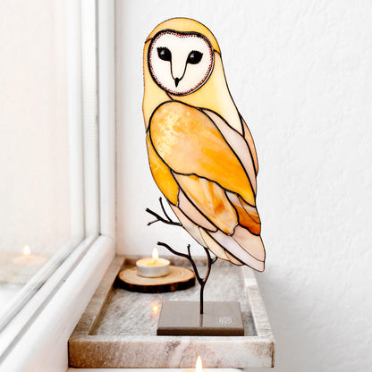 Barn Owl Stained Glass Table Decor – Woodland Handmade Glass Art