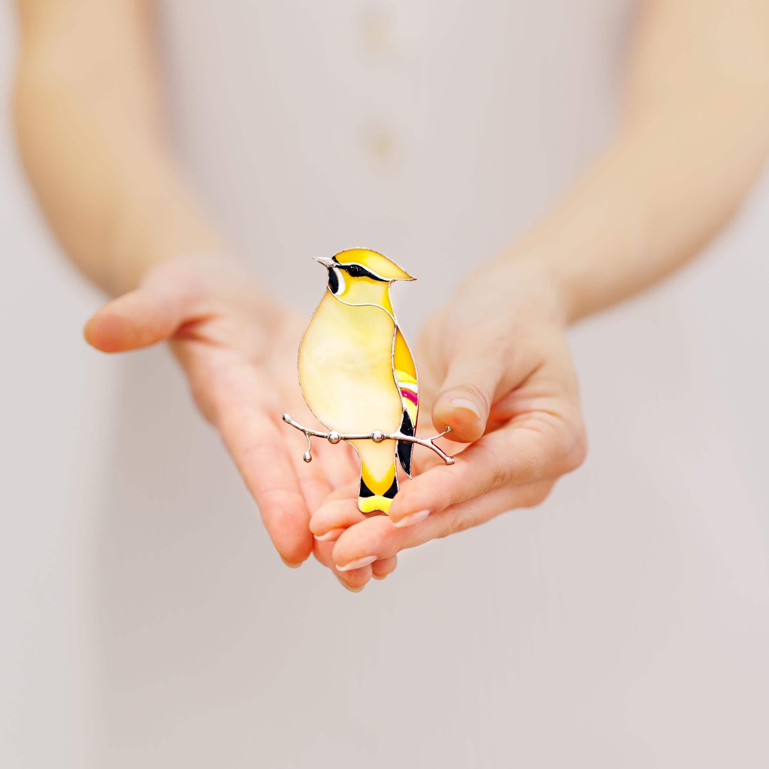 Cedar Waxwing Stained Glass Magnet – Handmade Bird Refrigerator Decor & Gift