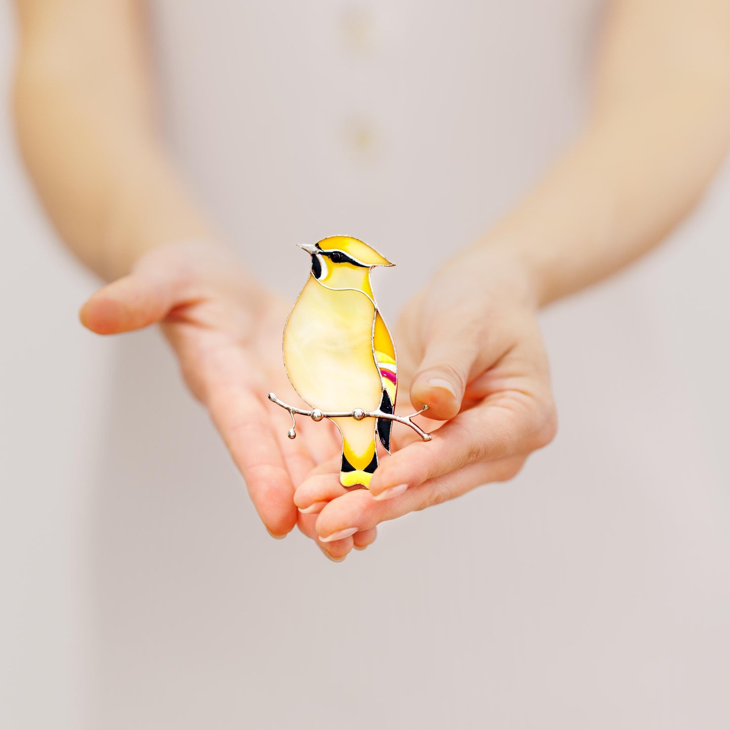 Cedar Waxwing Stained Glass Magnet – Handmade Bird Refrigerator Decor & Gift