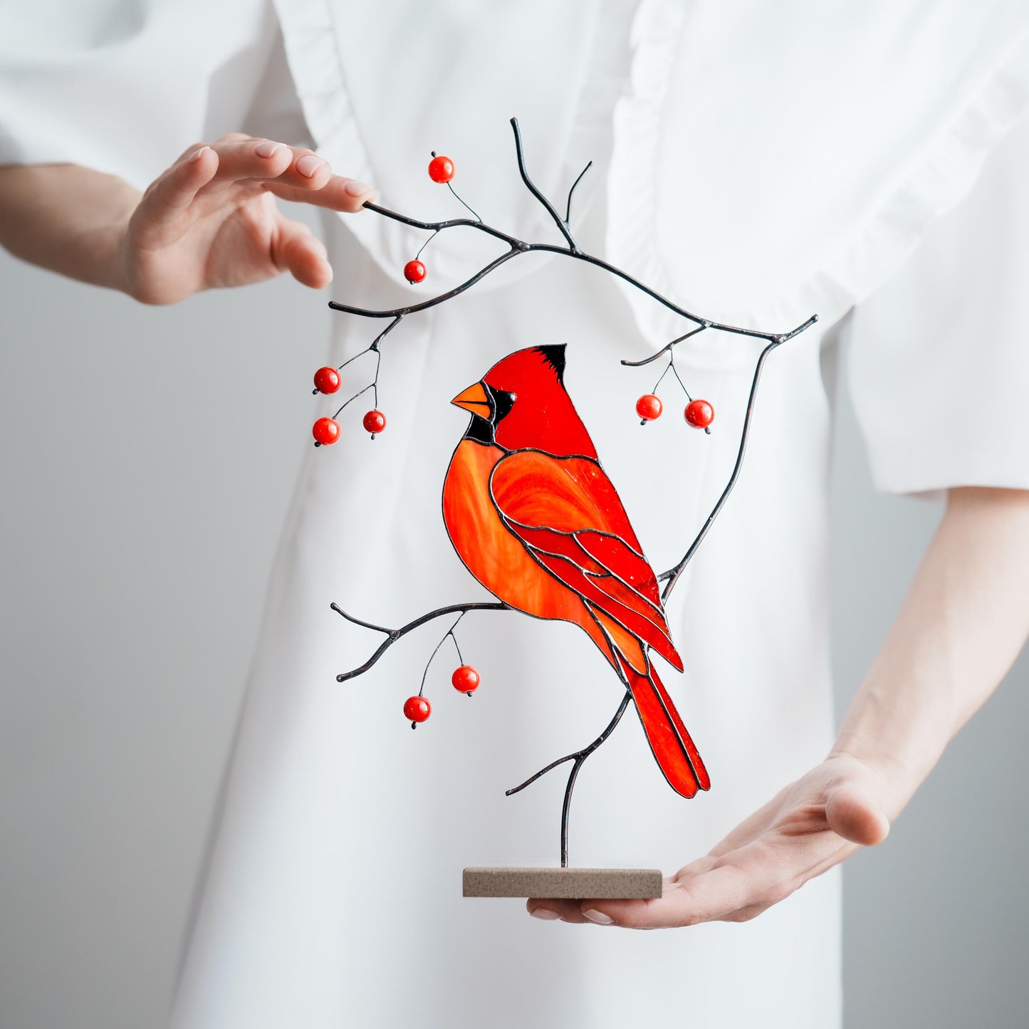 Red Cardinal Stained Glass Table Decor – Bird on Branch Accent