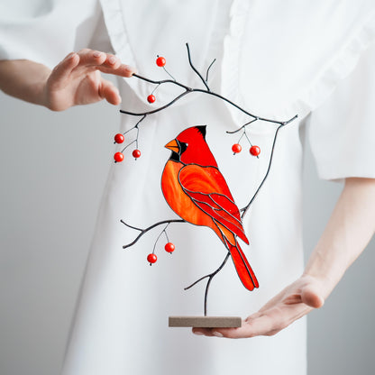 Red Cardinal Stained Glass Table Decor – Bird on Branch Accent
