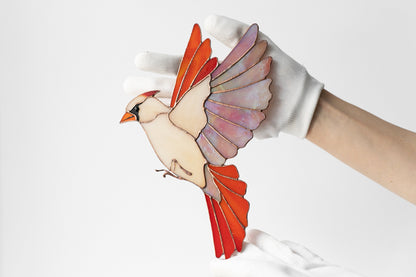 Female Red Cardinal Stained Glass Wall Hanging – Handmade Bird Decor & Gift