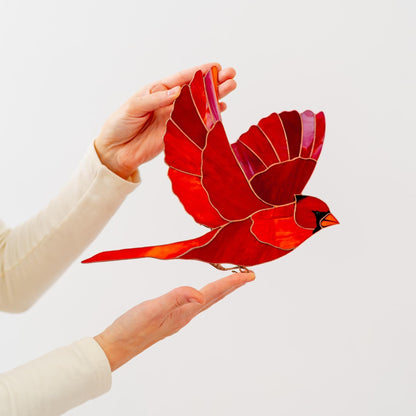 Flying Red Cardinal Stained Glass Wall Hanging – Handmade Bird Decor & Gift