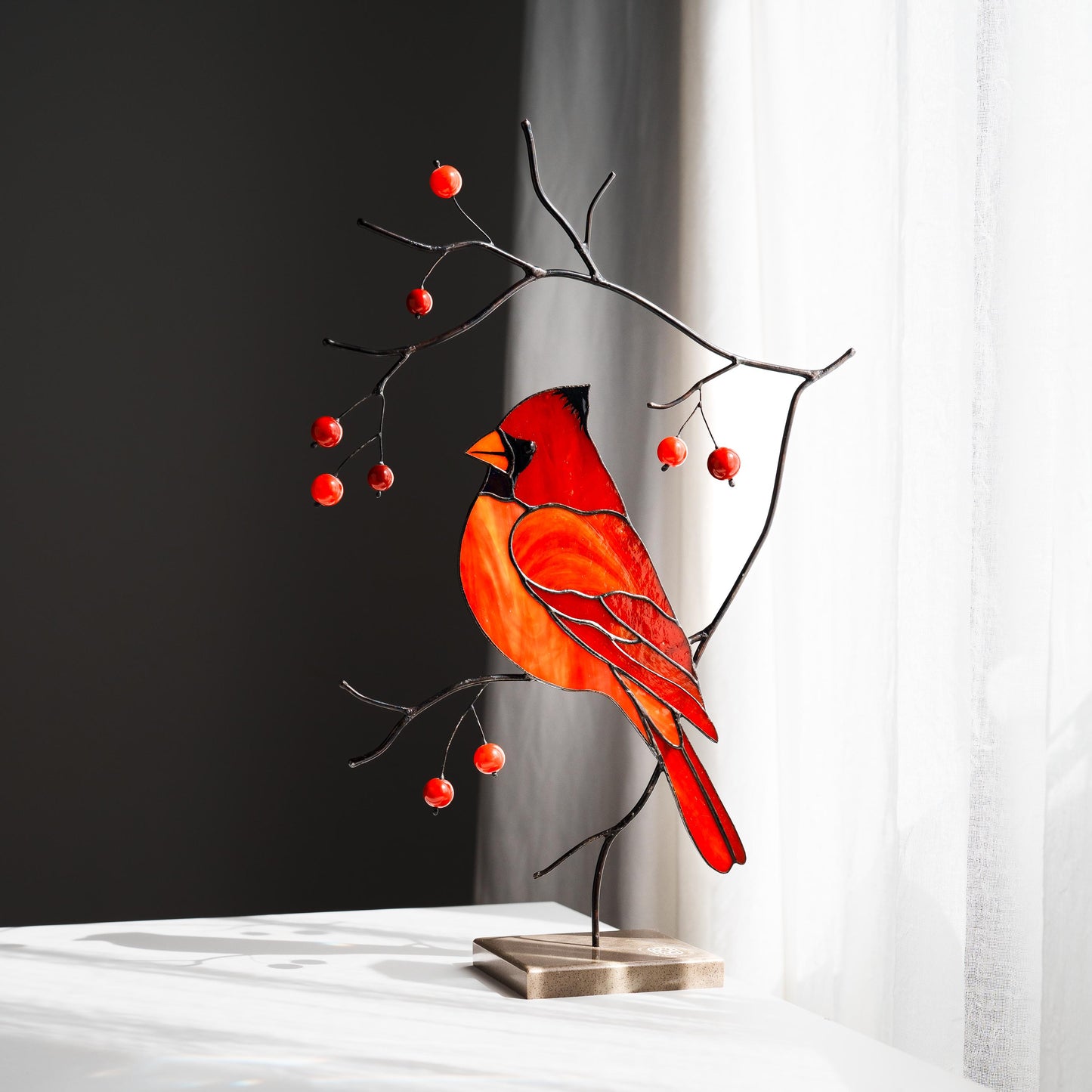 Red Cardinal Stained Glass Table Decor – Bird on Branch Accent