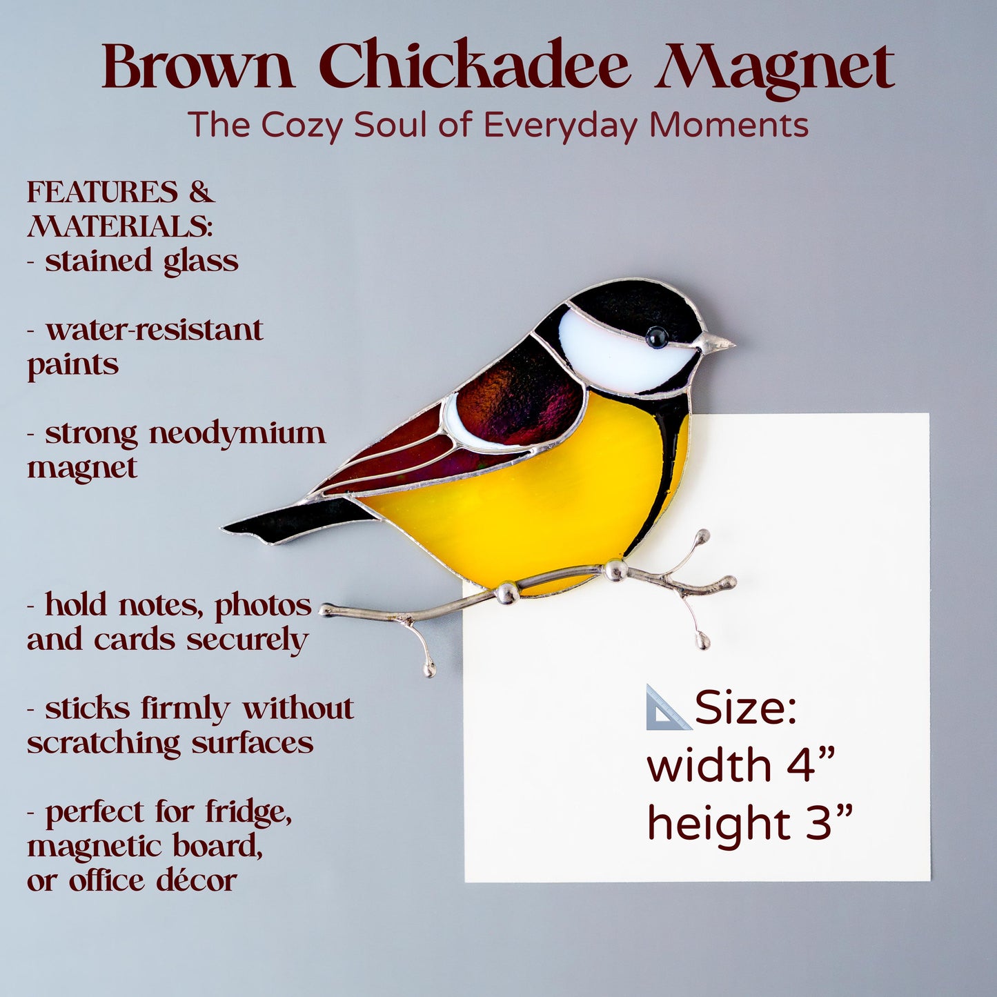 Brown Chickadee Stained Glass Magnet – Handmade Bird Refrigerator Decor & Gift