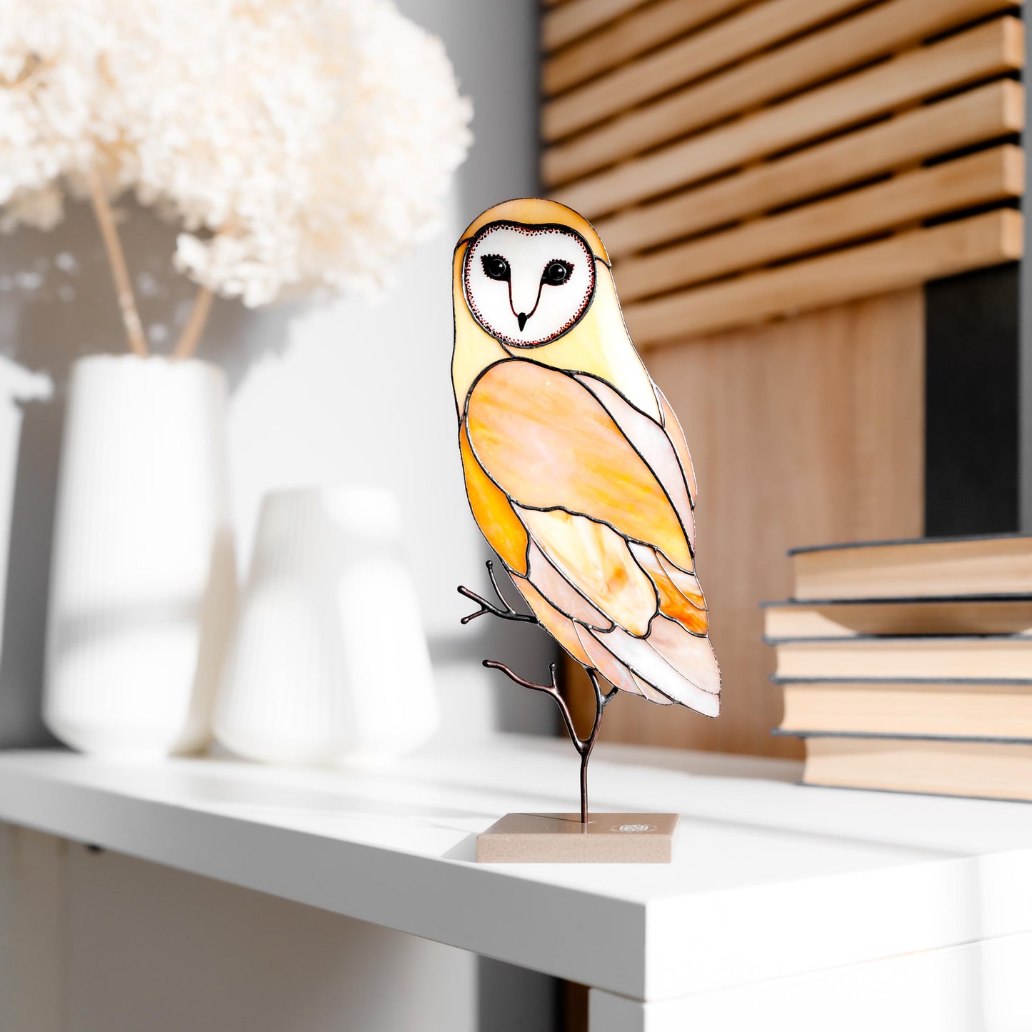 Barn Owl Stained Glass Table Decor – Woodland Handmade Glass Art