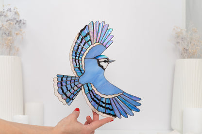 Blue Jay Stained Glass Wall Hanging - Handmade Bird Decor & Gift