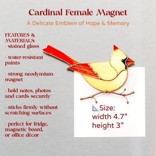 Female Cardinal Stained Glass Magnet – Handmade Bird Refrigerator Decor & Gift