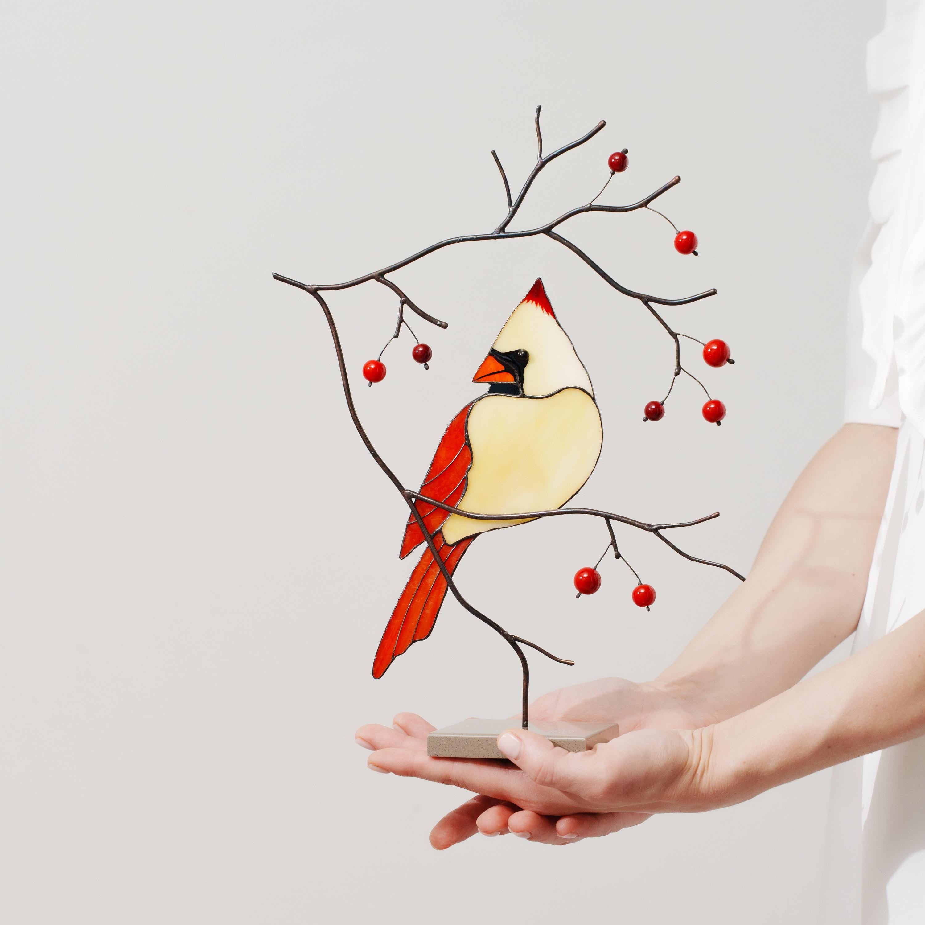 Female Cardinal Stained Glass Table Decor – Bird on Branch Accent