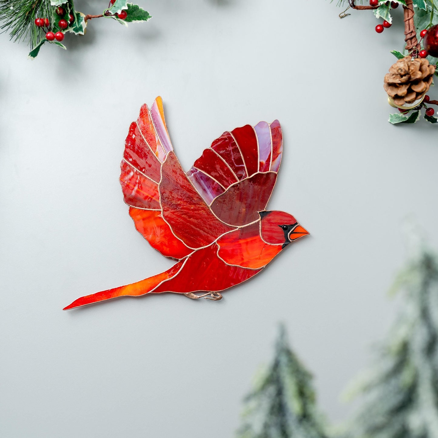 Flying Red Cardinal Stained Glass Wall Hanging – Handmade Bird Decor & Gift