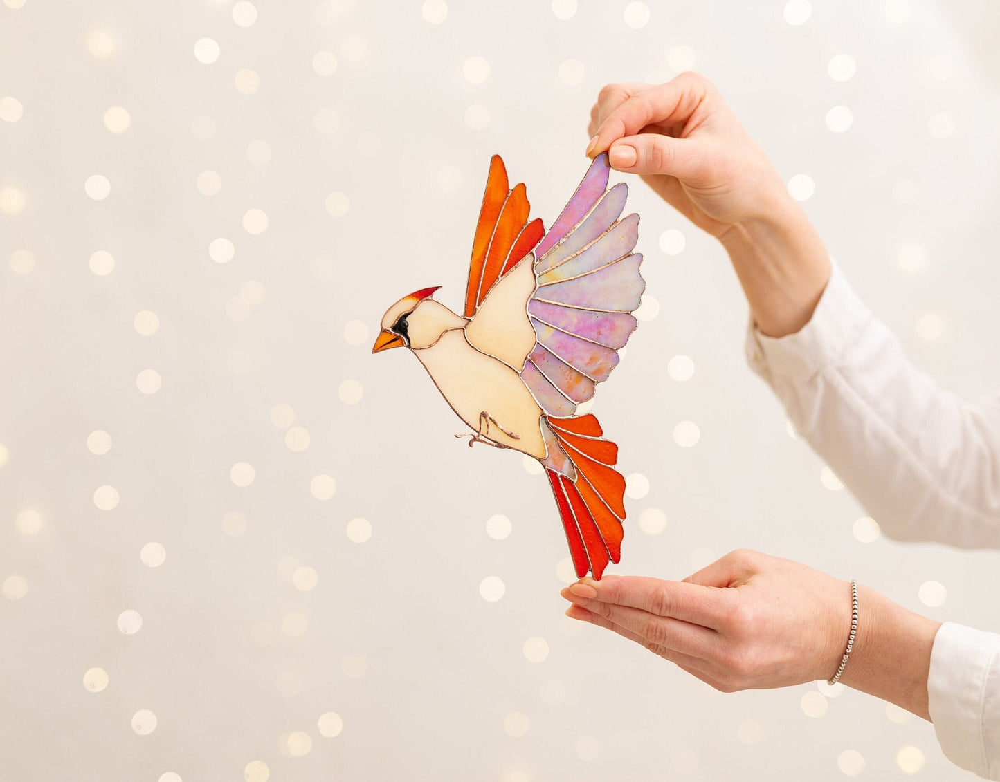 Female Red Cardinal Stained Glass Wall Hanging – Handmade Bird Decor & Gift
