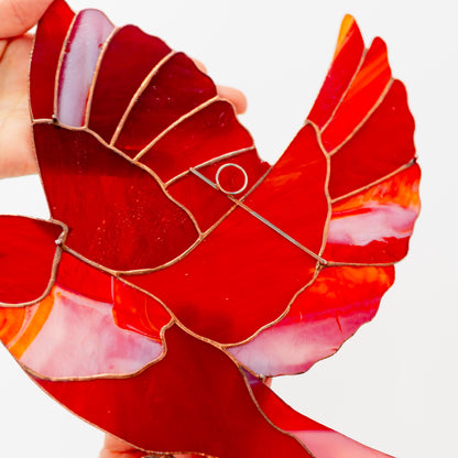Flying Red Cardinal Stained Glass Wall Hanging – Handmade Bird Decor & Gift