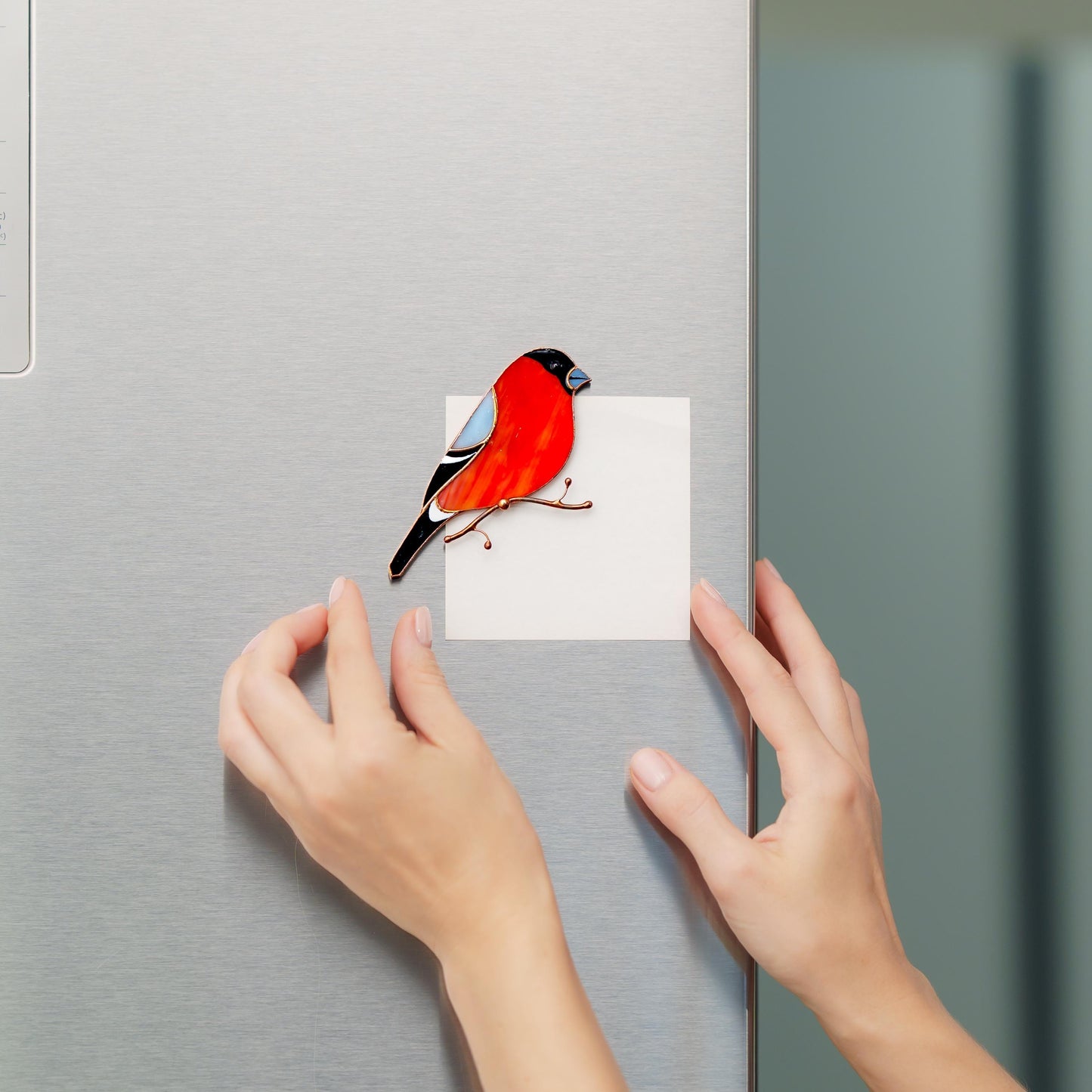 Bullfinch Stained Glass Magnet – Handmade Bird Refrigerator Decor & Gift
