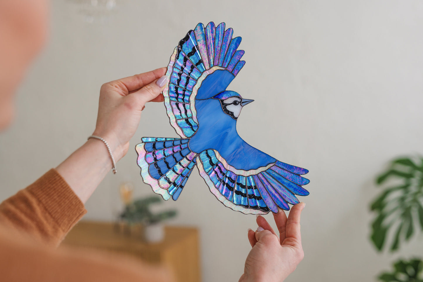 Blue Jay Stained Glass Wall Hanging - Handmade Bird Decor & Gift