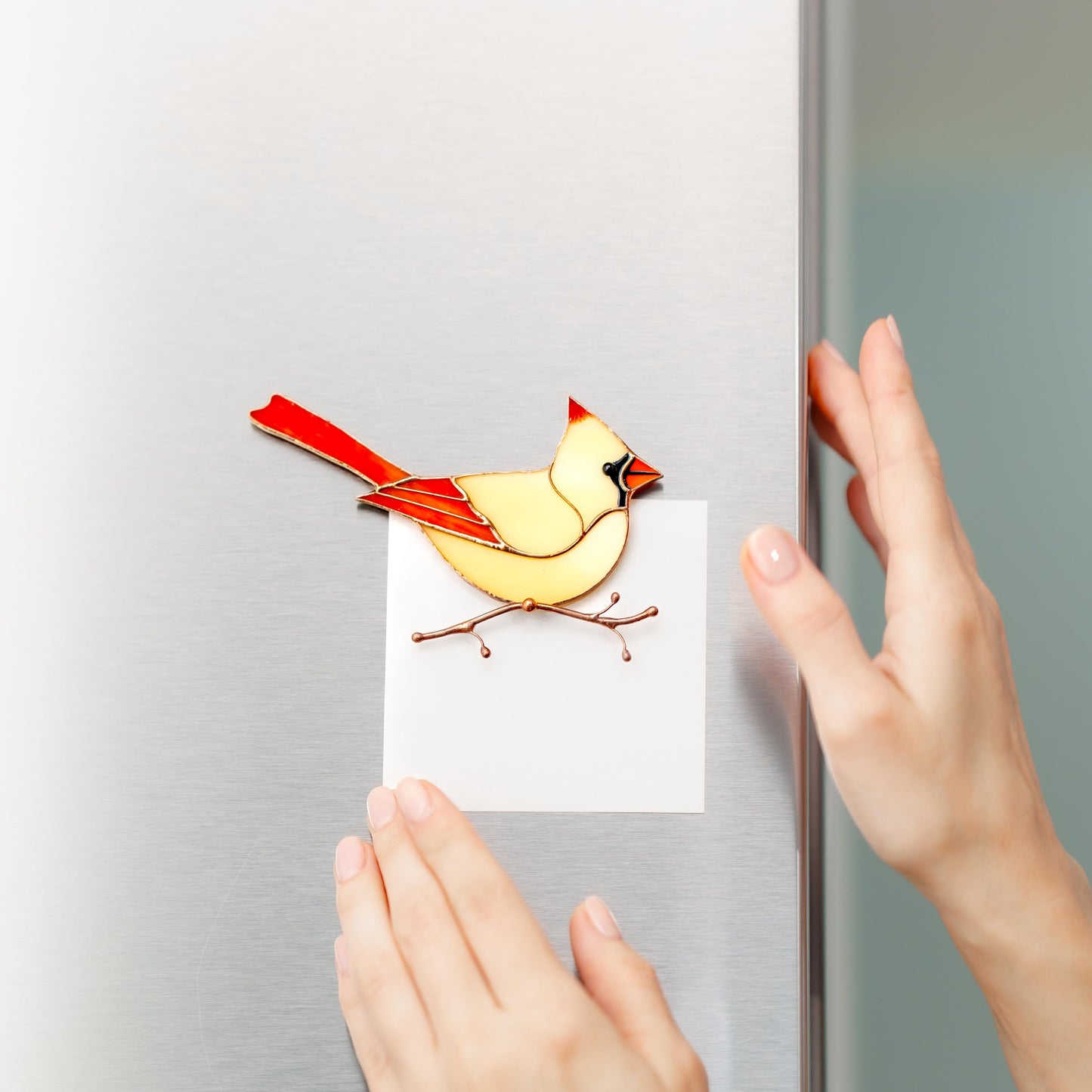 Female Cardinal Stained Glass Magnet – Handmade Bird Refrigerator Decor & Gift